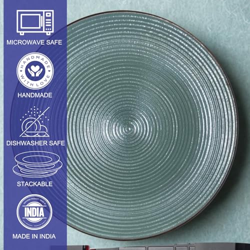 Image of Freakway Rustic Stoneware Quarter Plate - 7.3 inch Textured Ceramic Plate with Matte Glaze Finish, Dishwasher & Microwave Safe - Modern Farmhouse Style Tableware for Everyday Use (Sage Green) - Set of 4
