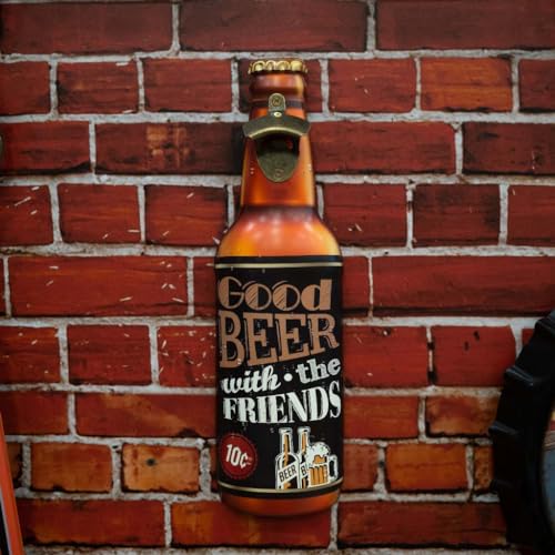Image of Metal Bottle and Can Opener - 'Good Beer with The Friends' Wall-Mounted Bottle Opener for a Stylish Decor