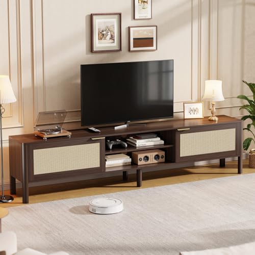 IKALIFE TV Stand for Living Room - Fits up to 65 Inch TVs, Rattan Media Console Table with Adjustable Shelves & 2 Storage Cabinets, Mid-Century Modern Entertainment Center, Walnut 58"
