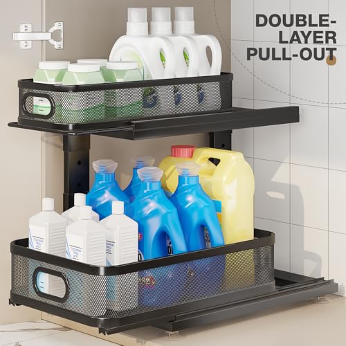 Image of 2 Pack Under Sink Organizer With Next-Gen Ball-Bearing Slides,2-Tier Precision Mesh Pull Out Cabinet Shelf Storage for Bathroom&Kitchen,Slide Out Drawers Height Adjustable,Rust-resistant