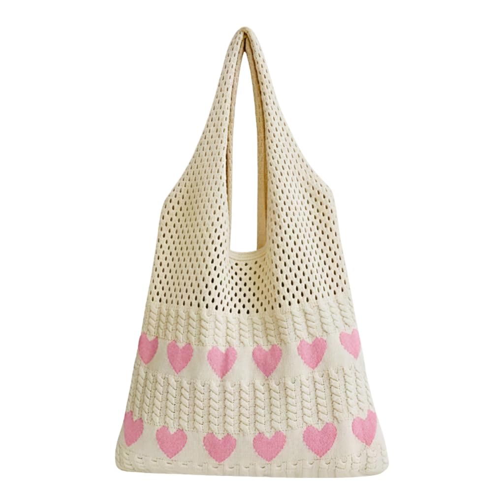 zibuyu Knitted Heart Pattern Crochet Bags for Women Stylish, Durable Large Capacity Crochet Handbag Casual Daily Tote Bag for College Girls for Shopping Work Beach Travel Use-picture-13