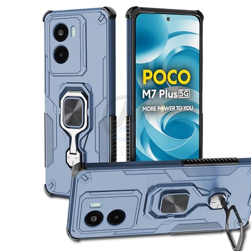 Image of AESTMO Armor Back Cover for Poco M7 Plus 5G | Ring Holder & Kickstand & Camera Protection in-Built | 360 Degree Protection Back Case Cover (Blue)