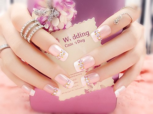3D Rhinestone Salon French Nail Medium/Long Natural French Artificail Nails Acrylic Full Cover Diamond False Nail Tips