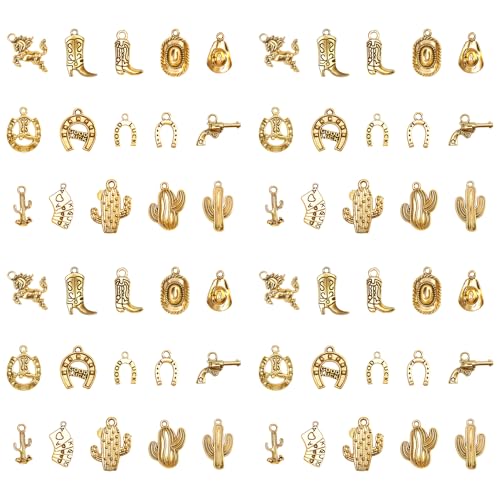 Wtrgas 60pcs Antique Gold Cowboy Cowgirl Charms for Jewelry Making Vintage Western Horse Boot Hat Cactus Pendants 15 Styles 4 Each for Necklace Bracelet Beads Earrings DIY Crafting Supplies