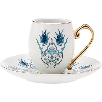 KARACA Iznik Coffee Service Set for 6 People 12-Piece Coffee Cup Set with Saucers Turkish Coffee and Espresso Cups Mocha Cups Set Made of Porcelain Traditional Porcelain Coffee Service Espresso Set