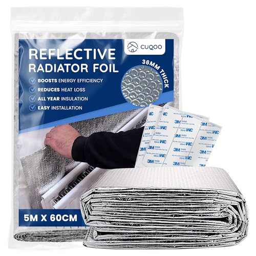 CUQOO Lámina reflectora de radiador de 5 m x 60 cm, paneles reflectores de radiador de 36 mm de grosor, rollo reflector de aluminio de radiador de ahorro de energía, reflector de lámina aislante de