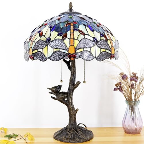 Image of 16Inch Tiffany Lamp Shade Replacement Only(Blue Yellow Dragonfly) | Stained Glass Lampshade Fit For Table Lamps FLoor Lamp Ceiling Fixture Pendant Hanging Light Home Office Decoration