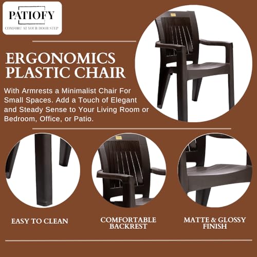 Image of Patiofy Single Plastic Chair for Home & Outdoor Use | Heavy Duty Comfortable Chair with Strong Legs | Stackable, Easy to Clean | Suitable for Living Room, Balcony (Pack of 1-Rolex | Brown)