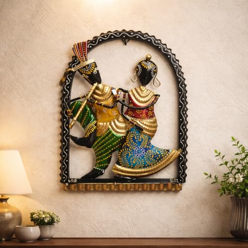 Image of CraftVatika Metal Wall Decor, Home Wall Table Decoration Items for Living Room, Handpainted Dancing Radha Krishna Wall Hanging Decorations, Wedding Anniversary Return Gift for Women, (10 Inch Height)