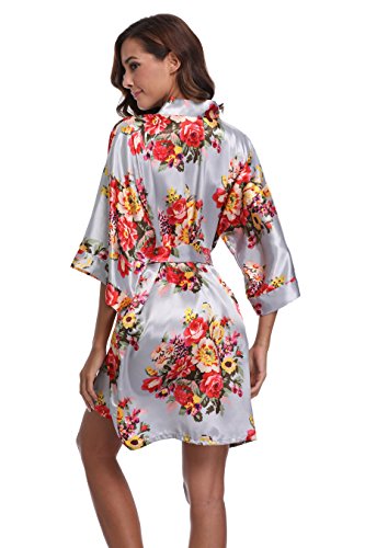 Women's Bridesmaid Robe Short Floral Wedding Kimono Robe Satin Floral Kimono Bathrobe for Bridal Wedding Party Sliver L - Thumbnail 3