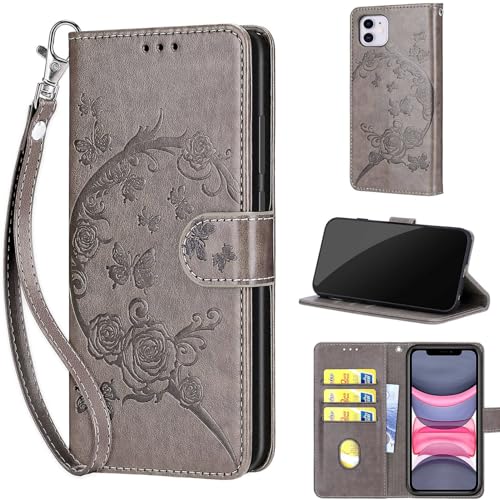 Étui de téléphone pour iPhone 11 6,1 pouces rabat cuir fleur avec support et fentes cartes