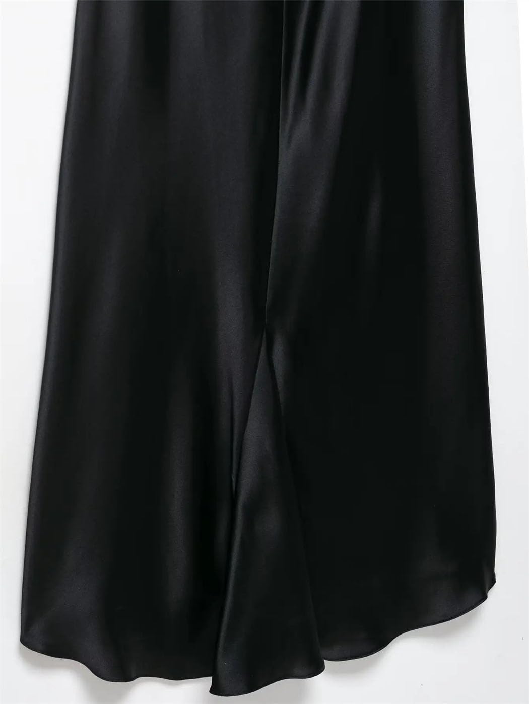 Women's Lingerie-Inspired Deep V-Back Dress Liquid Satin Midi Slip with Adjustable Spaghetti Straps Boho-Chic Lace Trim