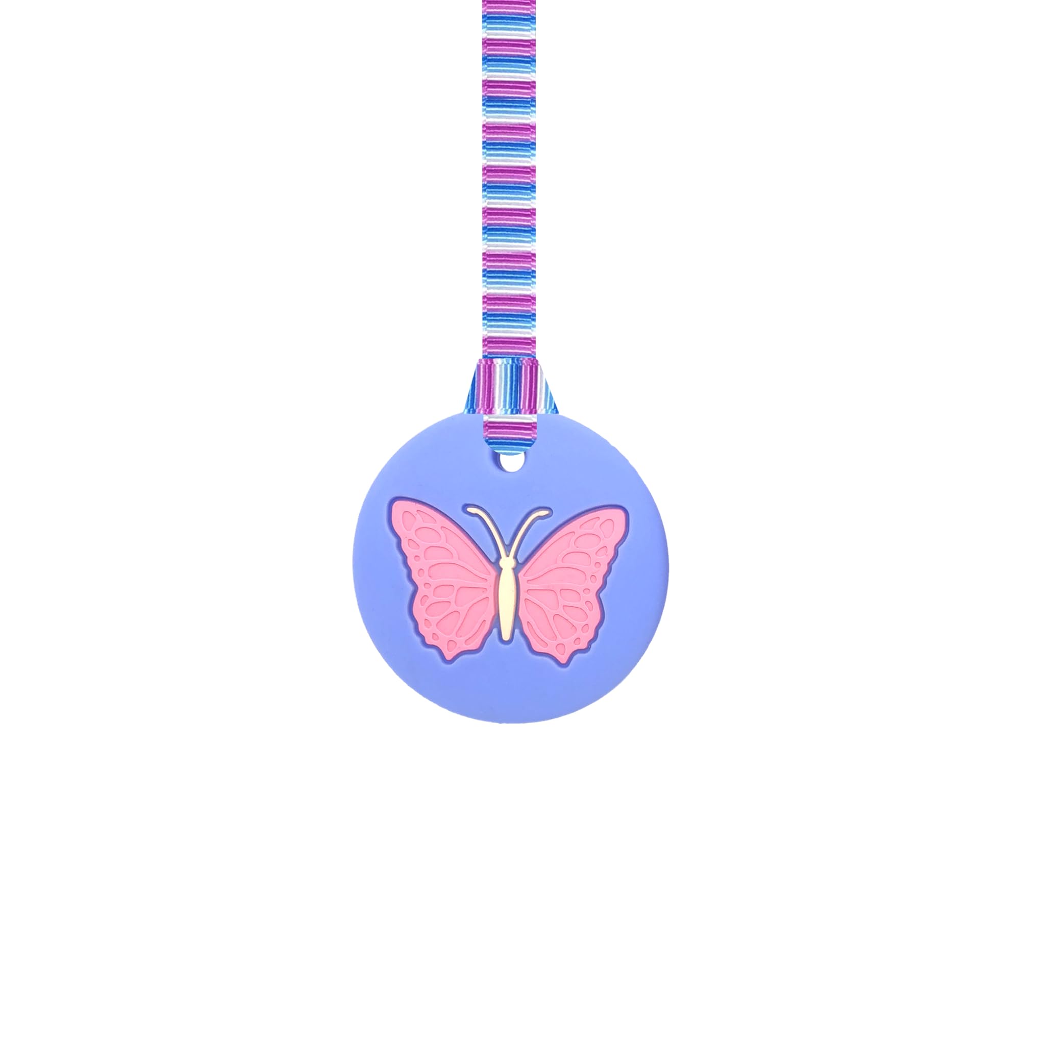 Butterfly Chew Necklace with Lanyard - Blue - Sensory Chew for Kids with Autism, Anxiety & ADHD – 100% Food Grade Silicone - Sensory Oojamabobs (8 Designs Available) (Lilac Stripes, 54cm Lanyard)