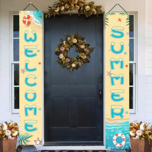 Image of BlissYard 2pcs Welcome Summer Door Banner Beach Themed Decorations Sea Star Hanging Porch Banner Summer Decor for Outside Hawaii Tropical Party Seasonal Outdoor Indoor Holiday Supplies
