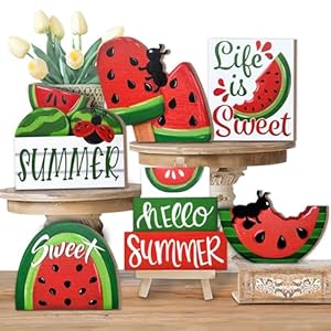 Summer Tiered Tray Decor, Red Green Watermelon Tray Decorations, Hello Summer Sweet Popsicle Ant Wooden Signs, Farmhouse Rustic Decorations for Home Table Shelf Mantel Party