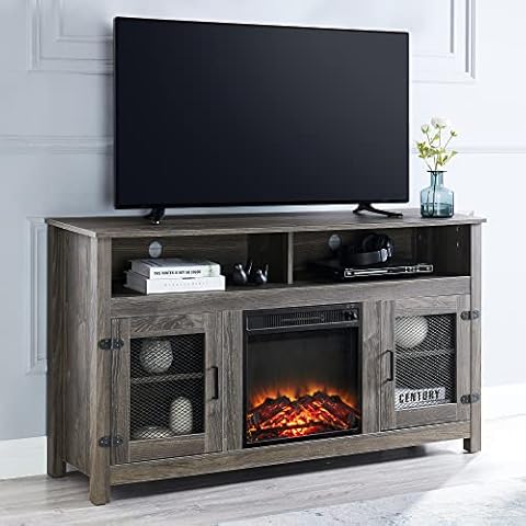GOOD & GRACIOUS Modern Farmhouse TV Stand with Electric Fireplace, Fit up to 65" Flat Screen TV with Storage Cabinet and Adjustable Shelves Industrial Entertainment Center for Living Room, Grey Cover