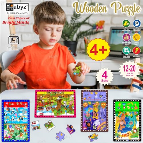 Image of ABYZ Wooden Jigsaw Puzzle - Costume Party, Squirrels & Storks, Farm Animals, Halloween Time Playset for Little Explorers, 63 Pieces - Pack of 4 | Birthday Gift for (3 Plus Years) Age Kids.