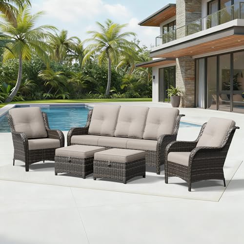 Image of Joyside 5 Piece Wicker Patio Furniture Set, Rattan Patio Chairs with High Back, Deep Seating, Wide Armrest, Thickened Cushions, Outdoor Furniture for Deck, Porch Use