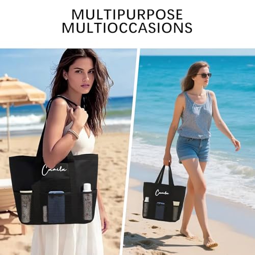 Personalized Beach Bag for Women Custom Mesh Tote Bag Sandproof Packable Shoulder Bags for Beach Travel Pool4
