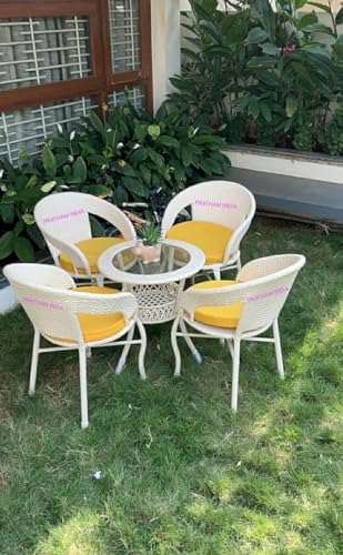 Image of India 4+1 Outdoor Indoor Patio Furniture Sets Rattan Set Conversation Set Bistro Set Balcony Outdoor Garden Furniture Chair (Cream and Yellow Cushion)