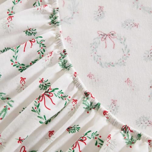 Image of Martha Stewart - Flannel Sheets Full Size, Anti-Pilling & Wrinkle Resistant Cotton, Touchably Soft for All-Season Comfort - Matching Pillowcases & Fitted Sheet (Wreaths & Mistletoe Green)