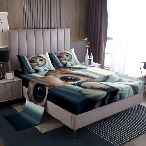 jejeloiu Funny Cat Bed Sheets Set Twin Size Kids Cute Kitten Fitted Sheet with Deep Pocket for Boys Girls Teens Animals Bedding Set Breathable Cat Lover's Gift