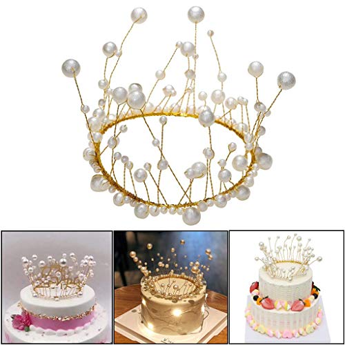 Image of Cake Topper White Pearl Gold Crown Cake Decorations for Wedding Birthday Party Decoration Party Decorations Queen Princess Tiara