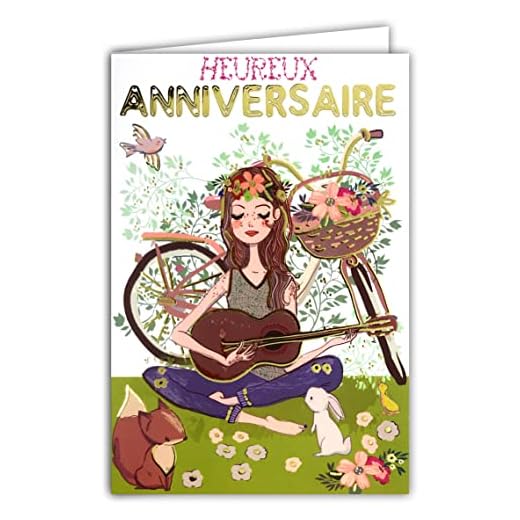 Tarjeta de felicitación de cumpleaños dorada para niña, bohemia, hippie, chic, flores, rosa, bicicleta, bicicleta, guitarra, música y animales, fabricada en Francia