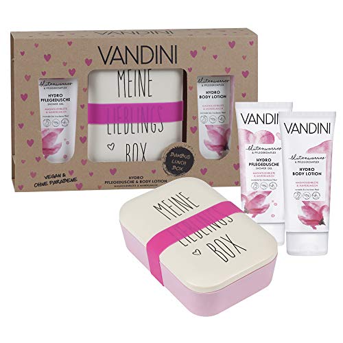 Preisvergleich Produktbild VANDINI Geschenkset mit Bambus Brotdose, HYDRO Pflegedusche und Bodylotion (2x200ml) - Magnolienblüte & Mandelmilch