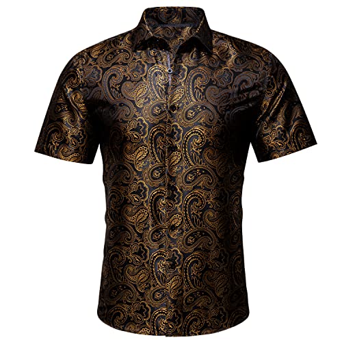 Men's Silk Shirt Paisley Floral Jacquard Short Sleeve Button Down Dress Shirts Formal Casual Wedding Party3