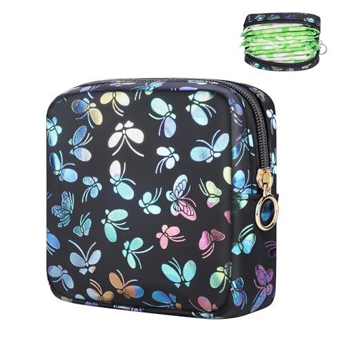 Image of Likesing Period Bag Pouch, Leather Sanitary Napkin Storage Bag for Womens, Portable Sanitary Napkin Period Pad Pouch Bag for Purse, Small Make Up Bags(Black Butterflies)