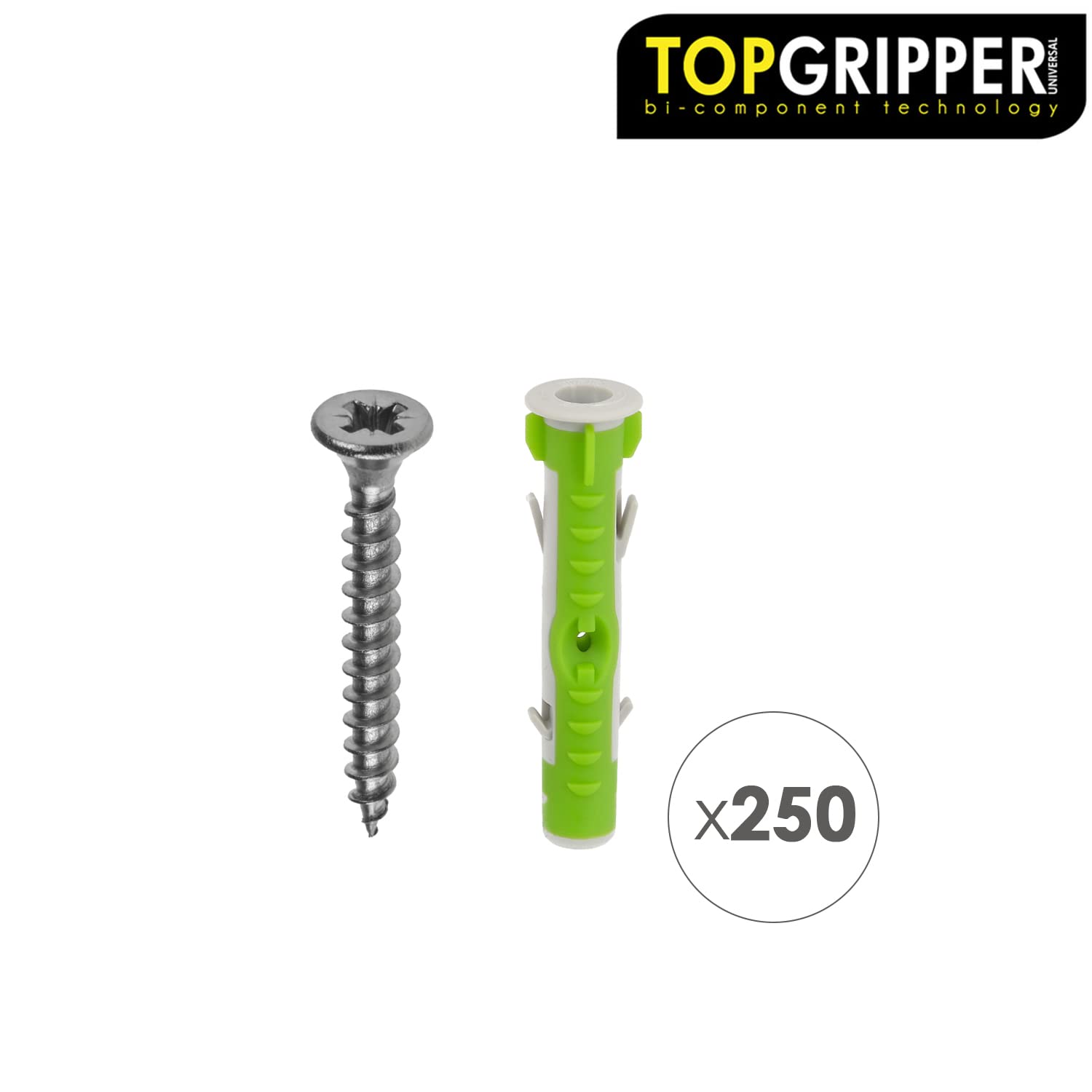 WOLFPACK LINEA PROFESIONAL - Cubo Tacos Topgripper Bimaterial Con Tornillos Ø 6 mm. 250 Piezas Taco Anclaje Universal, Taco Hormigon, Taco Pladur