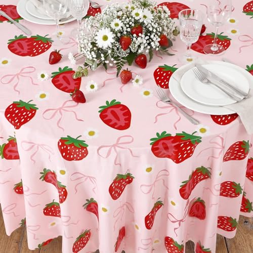 Image of Ganeen 6 Pcs Strawberry Bow Plastic Tablecloth 84 Inch Bow Berry Sweet Round Tablecloths Birthday Decor Disposable Plastic Round Waterproof Table Covers for Weeding Tea Decoration Party Favor