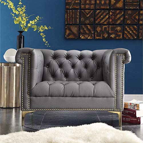 Iconic Home Winston Modern Tufted Nail Head Trim Pu Leather Club Chair With Gold Tone Metal Y-Legs, Grey #TOP7