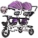 FLy Triciclo para Bebé con Pedales Plegables Triciclo para Gemelos Asiento Doble con Cesta Toldo Extraíble, con Asa De Empuje Desmontable Ajuste De 12 Meses A 6 Años,Púrpura