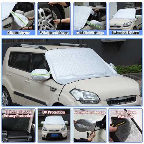 Image of Windshield Snow Cover Compatible with Kia Soul 2009-2013, Car Snow Cover, Front Windshield Sunshade, Exterior Windscreen Sun Shade, UV-Rays Sun Ice Snow Frost Protector, 4-Layer Windshield Cover