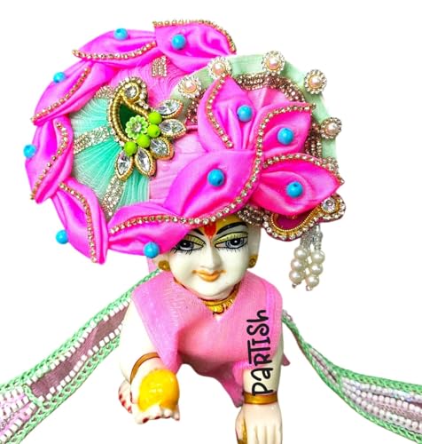 Image of Partish Laddu Gopal Heavy Dress for Janmashtmi with Mukut and Patka l Ladoo Gopal Dress l Bal Gopal l Kanha Ji Thakur Ji Heavy Dress (Size 4, Pink)