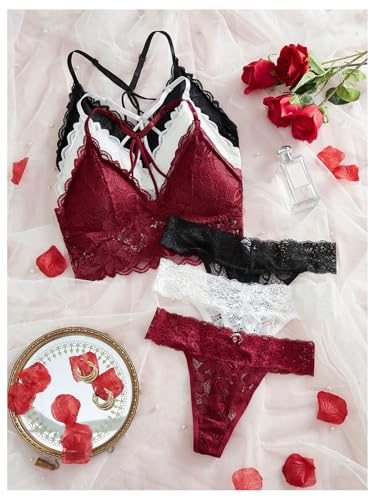 Image of Verdusa Women's Lingerie Sets 6 Piece Lace Bow Floral Underwear Bras Wireless Padded Bra and Panty Set