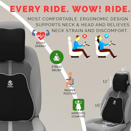 Image of MRRON Series Memory Foam Neck Rest & Extra Lumbar, Relief Pillow, 100% Soft Memory Foam Pillow, Adjustable Strap, Cervical Support for Car Seat. (Black, Slim Backrest)