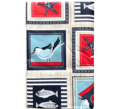 Summer Fun Coastal Patchwork Vinyl Tablecloth Flannel Backed Shells Fish Starfish Birds Birdhouses On Wood Look Background Indoor Outdoor With Custom Magnet (52" X 70'' Oblong) #TOP1