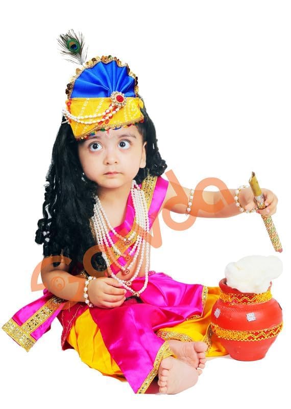 Image of Sarvda Krishna & Radha Dress for Kids - Complete Janmashtami Costume Sets with Dhoti /Lehenga, Mukut, Mor Pankh, Bansuri & Accessories | Fancy Dress for Baby Boys & Girls