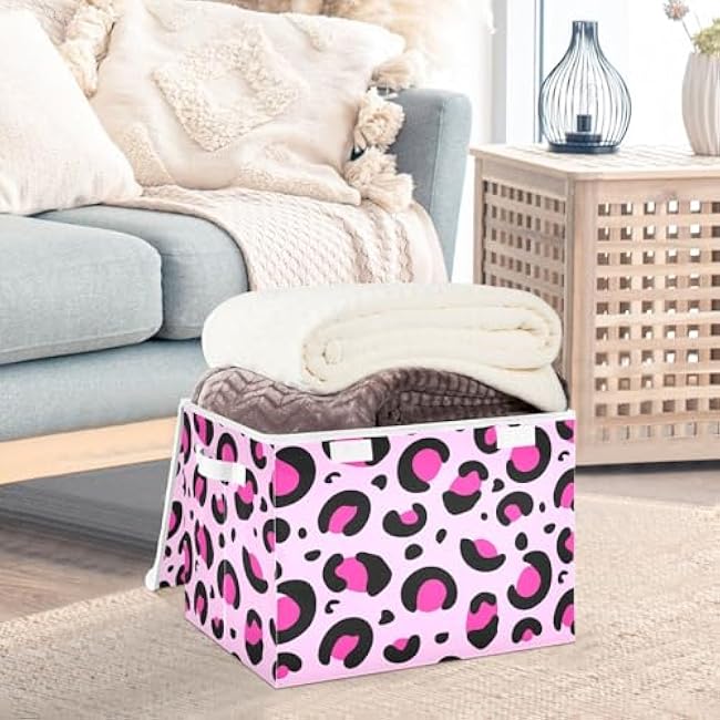 susiyo Large Foldable Storage Bin with Flip-Top Lid, Leopard Black Pink Storage Box Collapsible Closet Organizer Containers Boxes Decorative Baskets with Handles for Home Bedroom Living Room Office