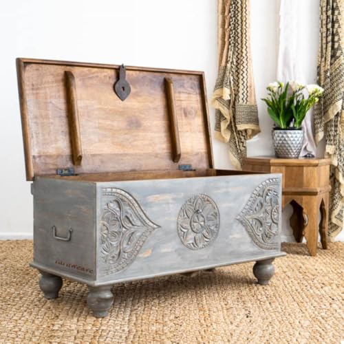 Image of Devin Wooden Trunk Box for Storage | Solid Wood Coffee Table for Living Room | Center Coffee Table with Storage | Front Wooden Carved Sandook Pitara for Home Decor & Bedroom (Grey Distress)