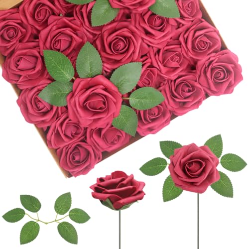 WANTMAZOR 25PCS Burgundy Realistic Roses - Artificial Latex Foam Flowers with Bendable Stems & 8PCS Leaves for Wedding, Home and Party DIY Decor