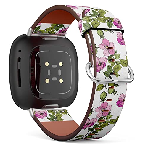 CJBROES Replacement Leather Watch Band, Compatible with Fitbit Versa 3 and Fitbit Sense of Wristband Bracelet Accessory - Wildflower rosa canina Style