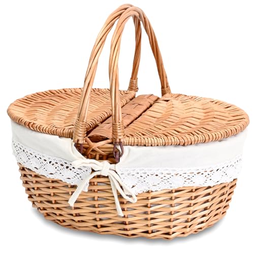 Wicker Picnic Basket with Removable Liner Empty Picnic Baskets with Lid, Picnic Hamper with Foldable...
