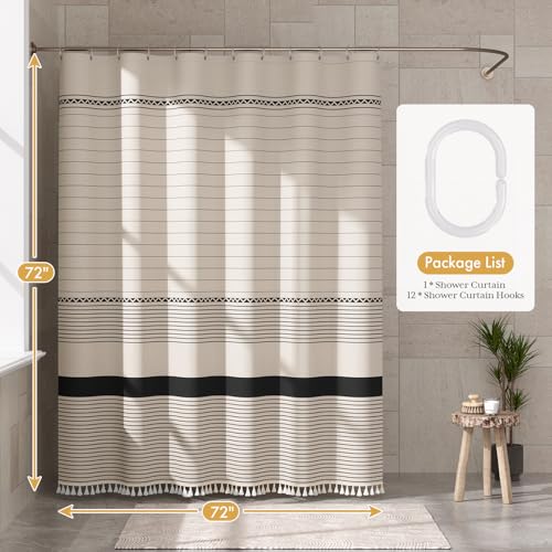 Image of AmazerBath Boho Shower Curtain, Modern Farmhouse Shower Curtain Set with Tassels, Rustic Faux Linen Black Striped Shower Curtain with Hooks, Light Tan Toned, 72x72 Inches