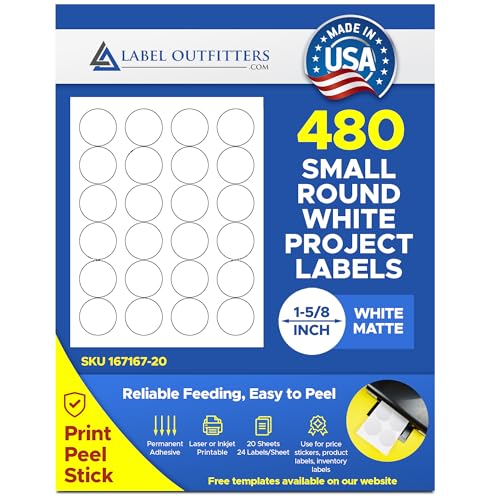 480 Label Outfitters® Round Labels, 24 per Sheet, 1-5/8 inch Diameter Round White Matte Labels