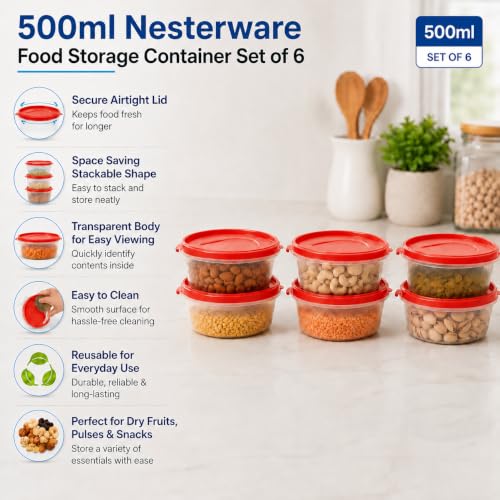 Image of Cutting EDGE Nesterware 500ml Stackable Container (Set of 6, Light Red) | BPA-free plastic, stackable design, leak-proof, kitchen storage, pantry, fridge, meal prep, reusable, travel use
