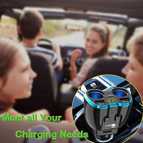 Usb C Car Charger, Cigarette Lighter Splitter Adapter 2 Socket Type C Multi Power Outlet 12V/24V 80W Dc With Led Voltmeter Switch 5.8A Dual Usb Port For Mobile Cell Phone Gps Dash Cam #TOP6